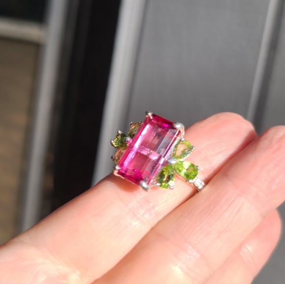 Pink Topaz massive 8k emerald cut with pear shape Peridot sterling ring sz 8 - Picture 10 of 17